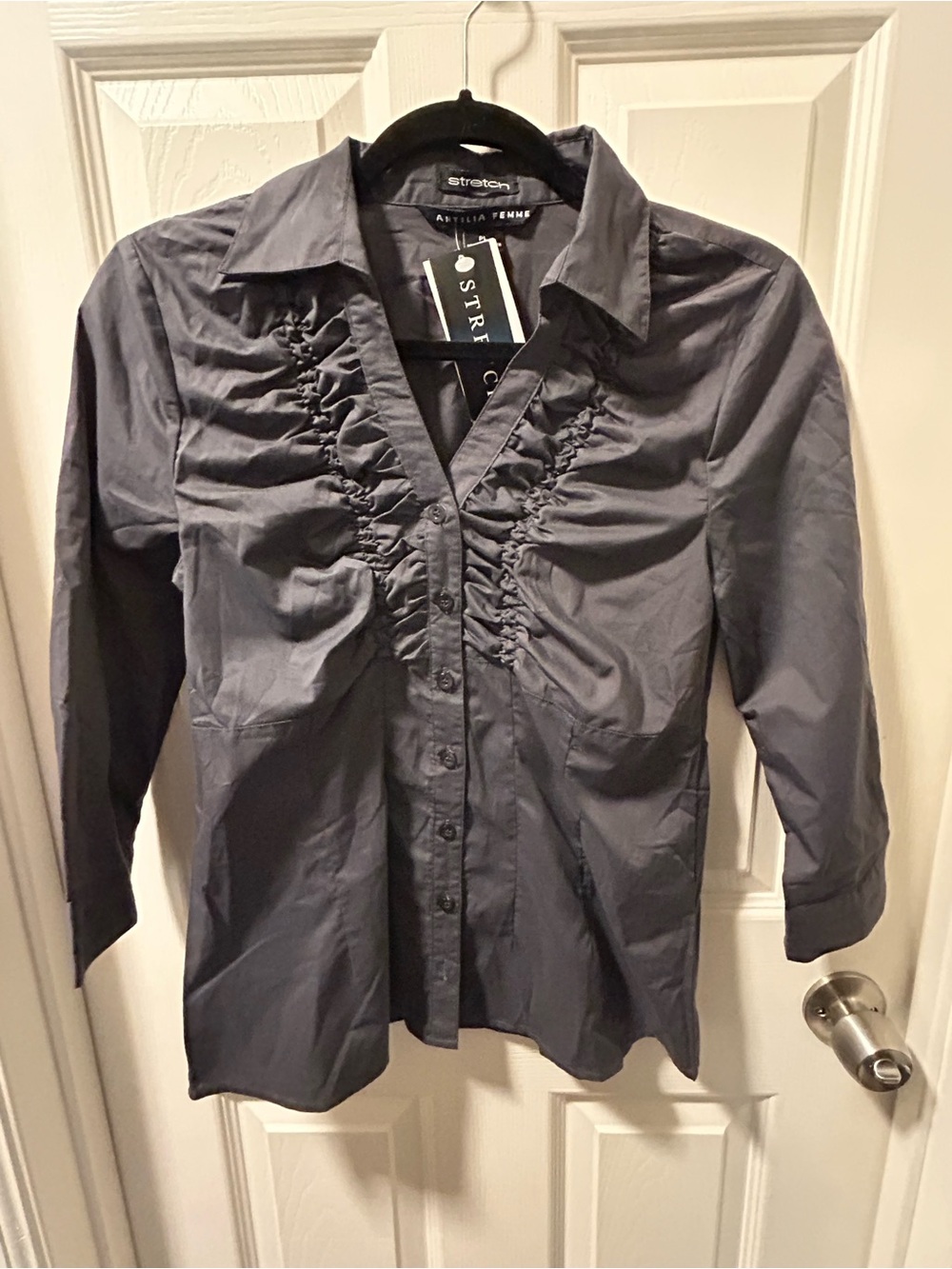 Antilia Femme Dark Gray Ruched Button-Up Shirt
